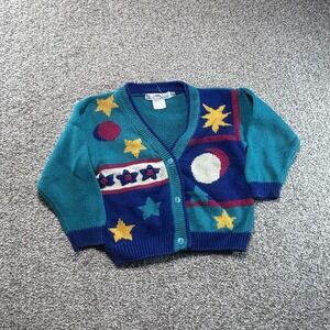 Vintage Basic Elements Sweater Girls 4 Teal Star Moon Cardigan Colorblock 90s